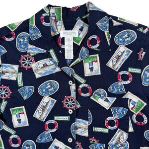 Jones New York Sport Button Down Women Medium Navy Nautical Stamp Linen Blend